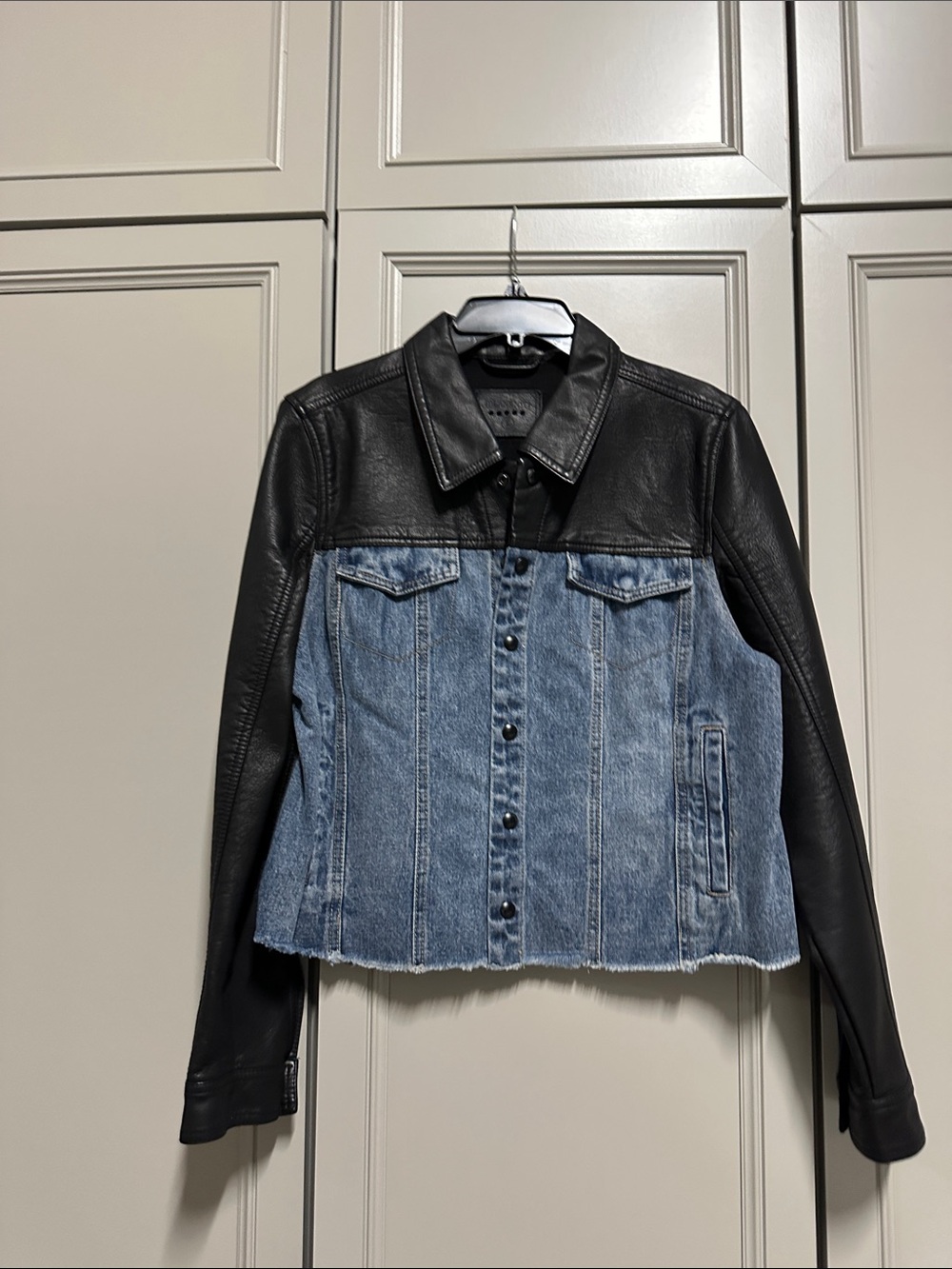 Blank NYC Two-Tone Black Faux Leather & Blue Denim Jacket - Women